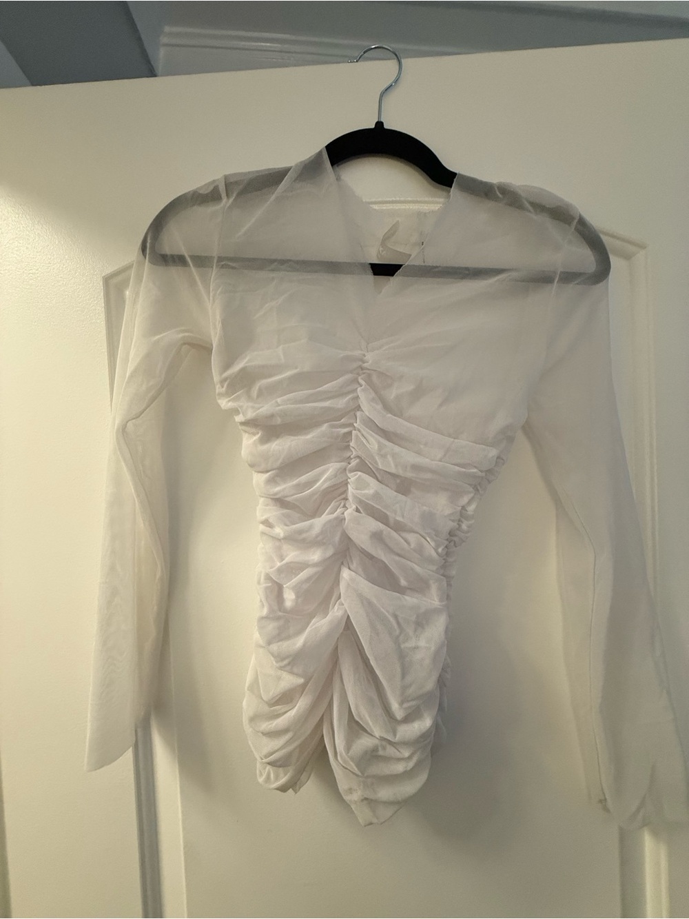 Norma Kamali White Ruched Sheer Long-Sleeve Top